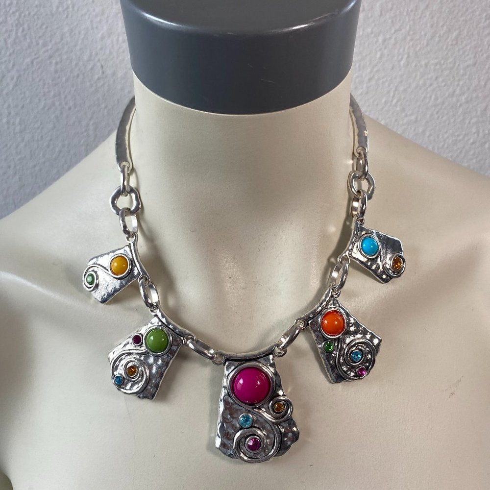 Women Necklace Flat silver tone square shape hammered chokers with beads 19" inc - Picture 1 of 5